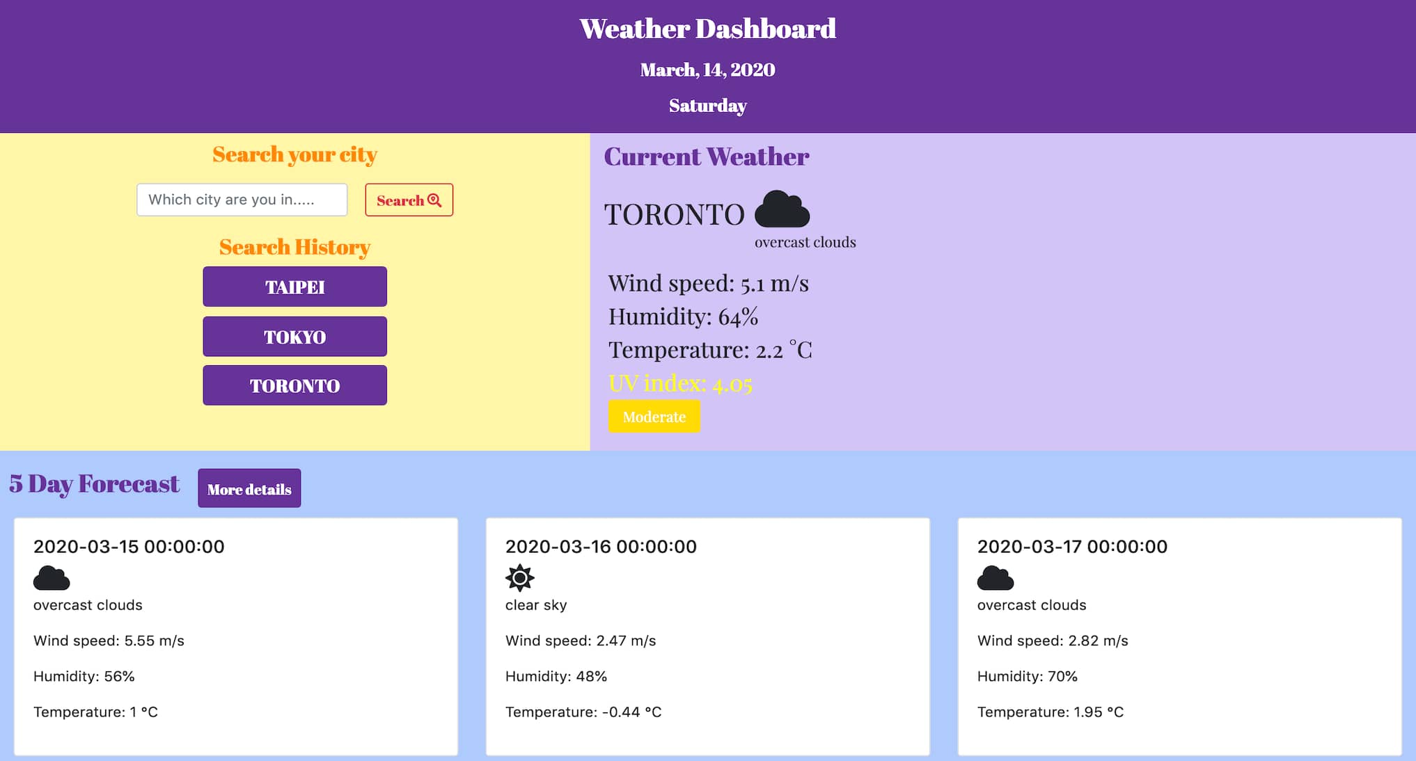 screen shot of weather dashboard page